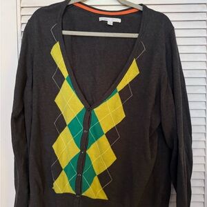 Old Navy Black Cardigan with Yellow and Green Argyle